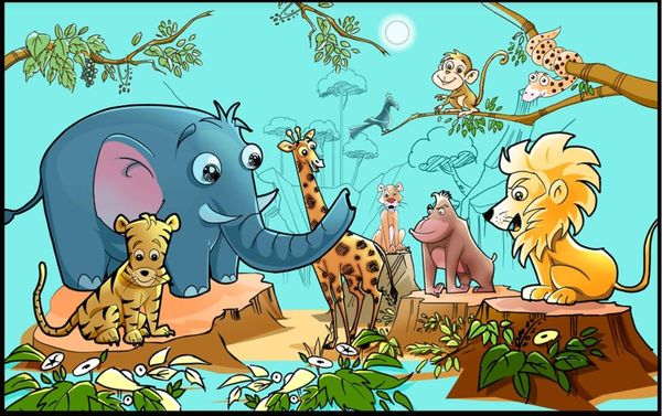 3D custom photo wallpaper featuring cute cartoon forest and zoo animal murals for children's room decor