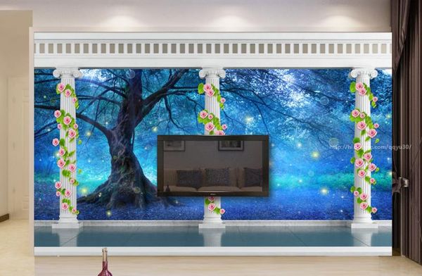 3D custom photo wallpaper featuring Roman columns in a dreamy forest design, perfect for living room walls, beauty salon backdrops, or behind sofas and TVs