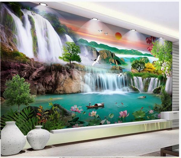 3D custom photo wallpaper featuring serene forest scenes with waterfalls and flowing water landscapes for wall decoration