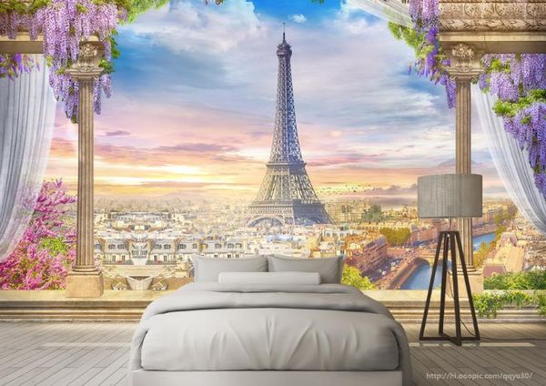3D custom photo wallpaper featuring the Eiffel Tower, perfect for living room walls, beauty salon sofas, or TV backdrops