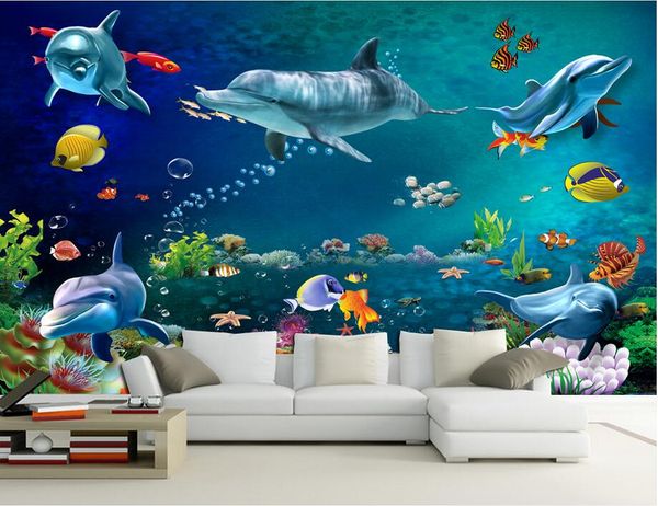 3D custom photo wallpaper featuring underwater dolphin and fish scenery for wall decoration