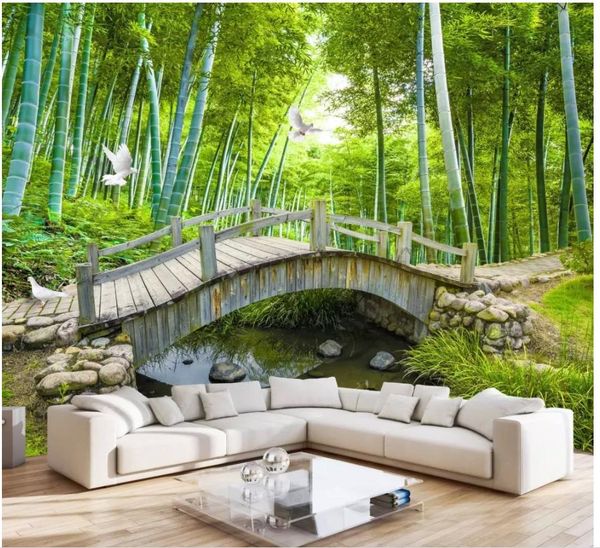 3D custom photo wallpaper featuring Xiaoqiao Liushui Bamboo Forest landscape for living room sofa and TV background walls