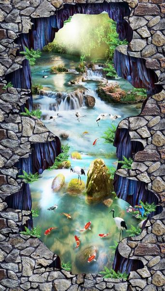 3D custom photo wallpaper flooring with lotus PVC rolls and brick wall designs for 3D floor painting