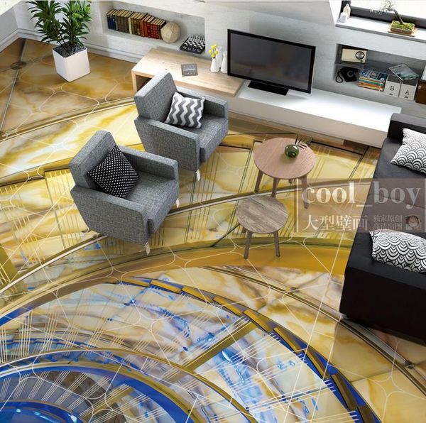 3D custom photo wallpaper for floors featuring golden staircase designs, PVC rolls, and brick wall patterns with 3D floor painting effects
