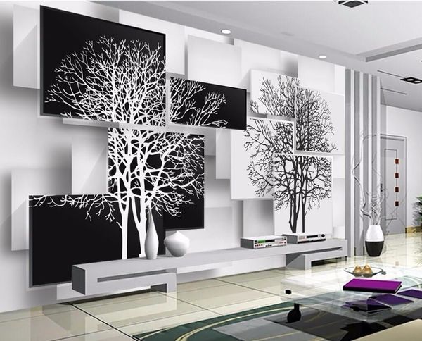 3D custom photo wallpaper mural featuring a simple black and white big tree design for home decor