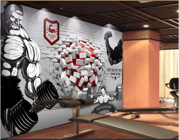 3D custom photo wallpapers featuring European characters breaking through walls into gym mural backgrounds