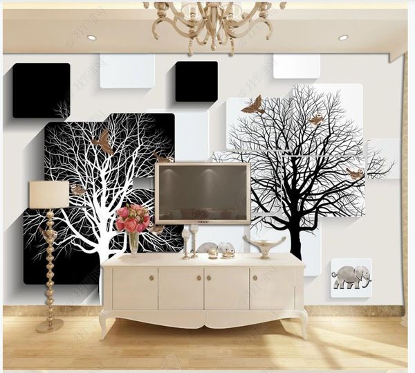 3D custom photo wallpapers for walls featuring modern black and white tree murals, perfect as stereo living room TV backgrounds and home decor