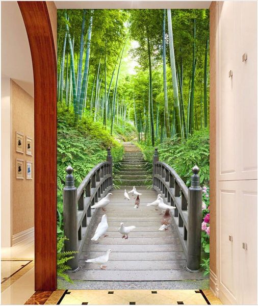 3D custom wall mural of a bamboo forest bridge pathway for home decor