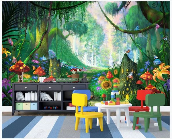 3D custom wall murals featuring a dreamy hand-painted forest scene with towering trees and grassy paths, perfect for children's room decor