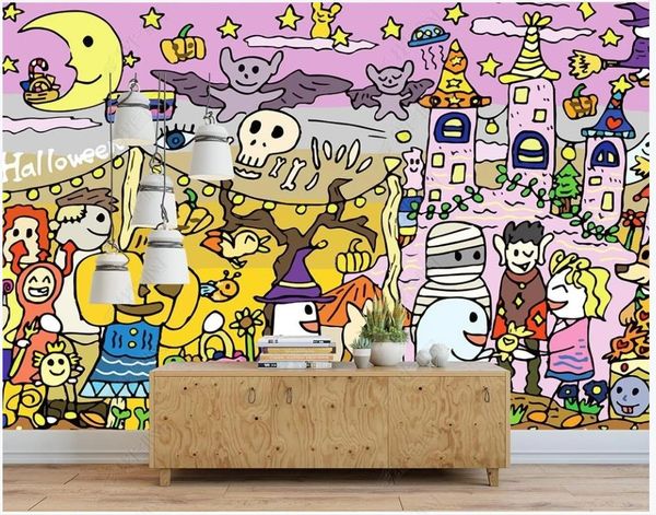 3D custom wall murals featuring charming European and American cartoon designs in soft pink for kids' room decor