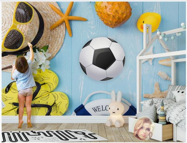 3D custom wall murals featuring cute Nordic cartoon football designs for kids' room decor