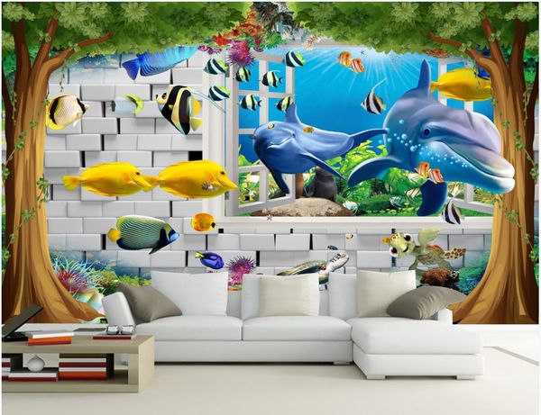3D custom wall murals featuring underwater scenes with dolphins for kids' rooms