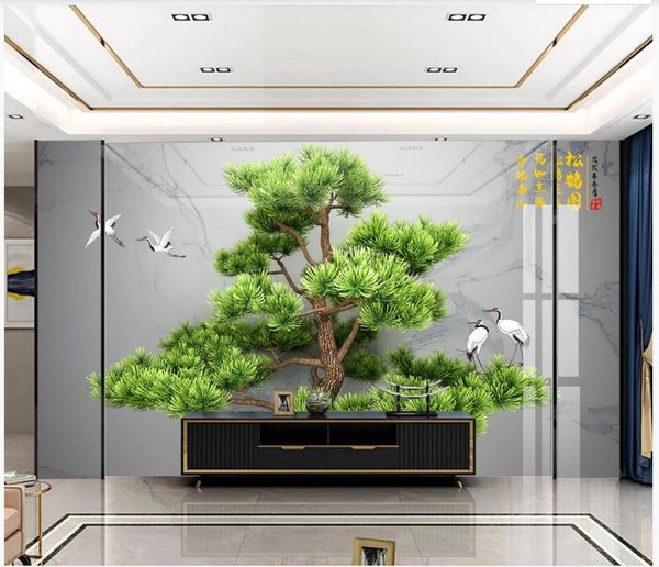 3D custom wall murals for modern living rooms featuring tree designs as TV backdrop decor
