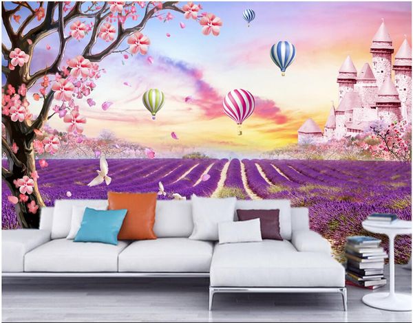 3D custom wallpaper featuring a dreamy lavender castle scene for living room wall decor