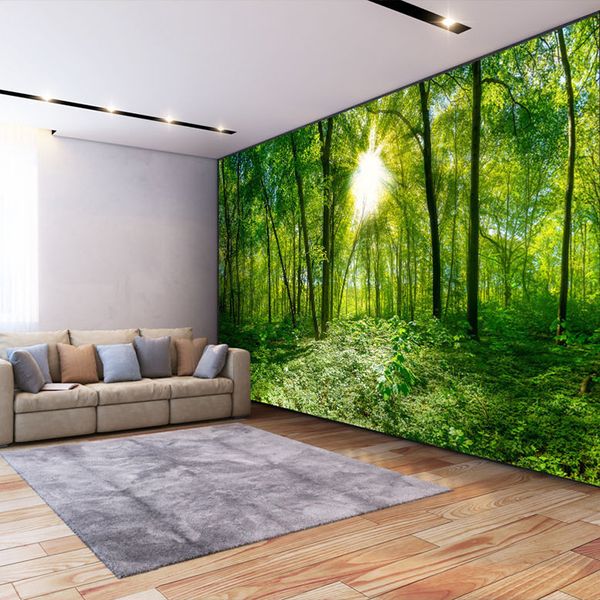 3D custom wallpaper featuring a vibrant green forest landscape with stereoscopic depth for modern interiors