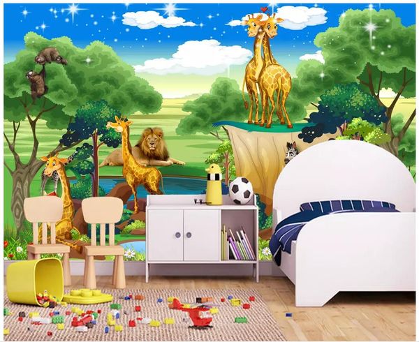 3D custom wallpaper featuring an Animal Park theme with cartoon characters, perfect for children's room murals