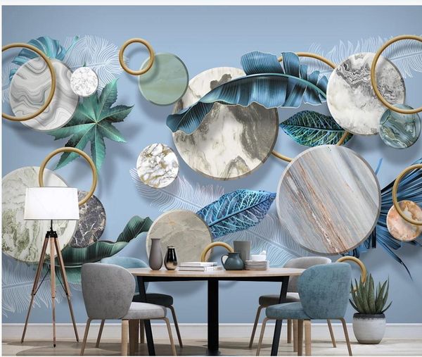 3D custom wallpaper featuring elegant leaf feather designs in a light, luxurious geometric style with a stereoscopic background effect