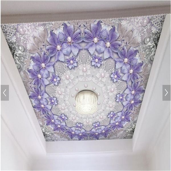 3D custom wallpaper featuring purple floral pearl design for living room walls and ceilings