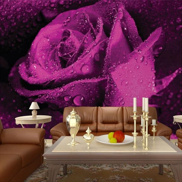 3D custom wallpaper featuring purple rose flowers for bedroom and living room TV backgrounds