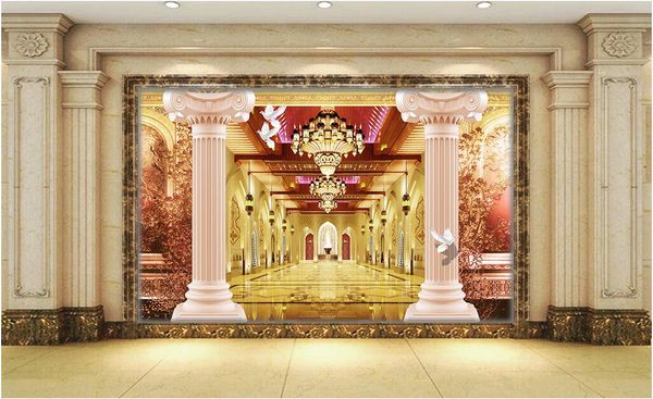 3D custom wallpaper for living room walls featuring Roman pillar designs in lobby-style home decor