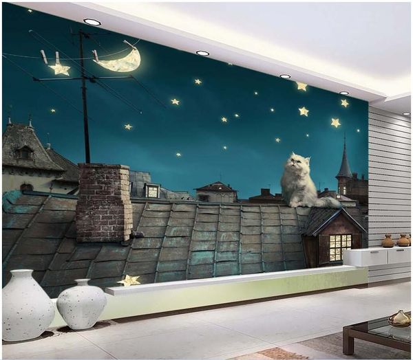 3D custom wallpaper mural featuring a cat gazing at the moon under a star-filled sky
