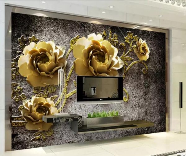 3D custom wallpaper with rich embossed peony flower vine design for living room TV background