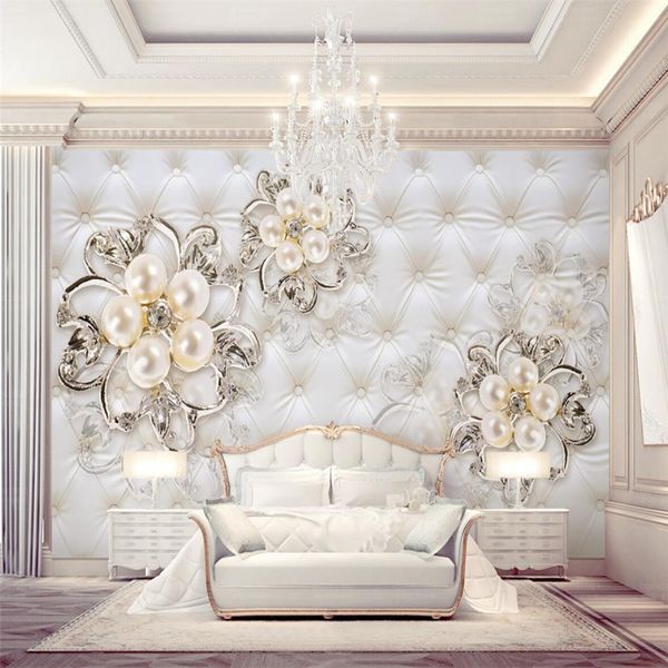 3D Custom Wallpapers featuring European-style Soft Pearl Floral Designs for Living Room Home Decor