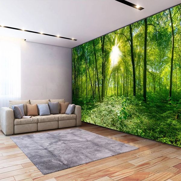 3D Custom Wallpapers Featuring Lush Green Forest and Sunlit Trees for Living Room and Bedroom Decor