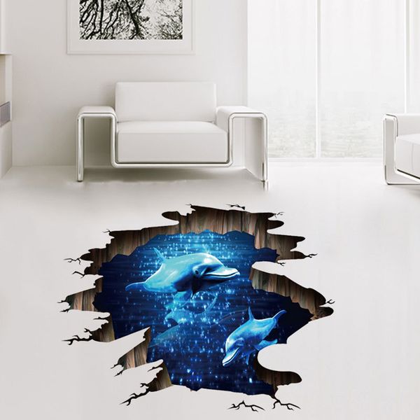 3D dark blue dream dolphin floor sticker for bathroom or living room decor, wall mural decal wallpaper 210420