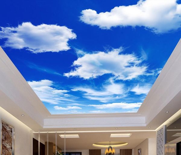 3D decorative ceiling mural featuring a blue sky with white clouds, perfect for living rooms or bedrooms