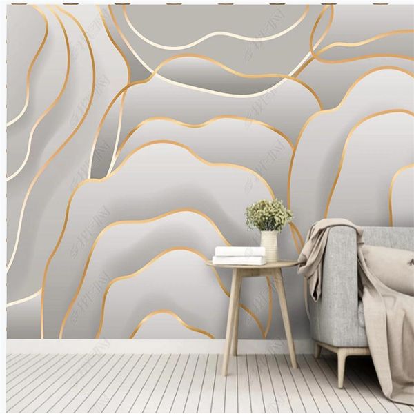 3D embossed gold line modern wallpaper with simple rose flower art