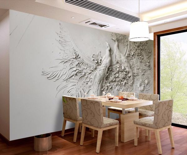 3D embossed peacock mural wallpaper for living room or bedroom TV wall