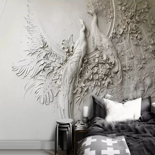 3D embossed peacock wallpaper for living room TV background, waterproof home decor mural art