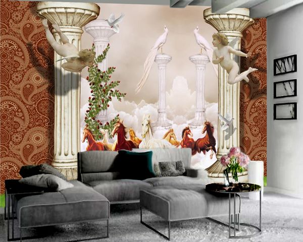 3D European-style angel and Roman column wallpaper for living room and bedroom decor