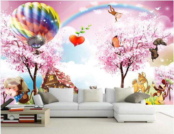 3D fantasy forest tree balloon mural wallpaper for kids' rooms with cute cartoon animals