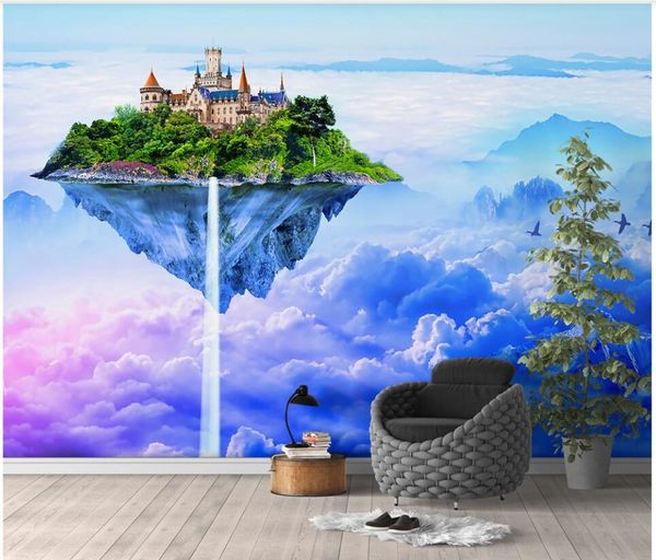 3D fantasy sky castle mural with vibrant clouds for living room decor