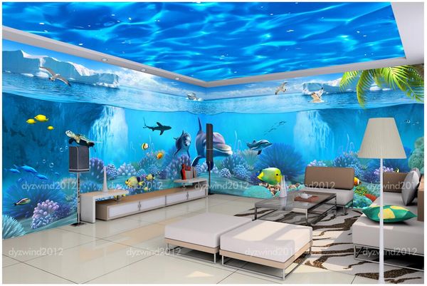 3D fantasy underwater world themed custom silk wallpaper for walls, featuring space pavilion backdrops with 3D printed fabric murals