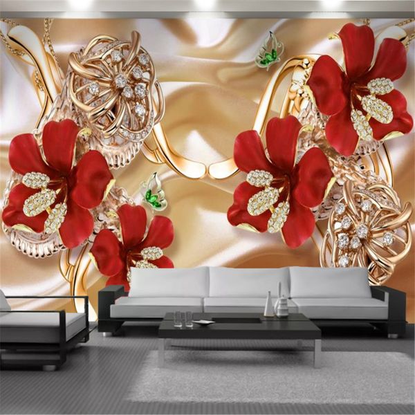 3D floral wallpaper featuring luxurious diamond red flowers, perfect for enhancing living rooms, bedrooms, and kitchens with elegant wall murals