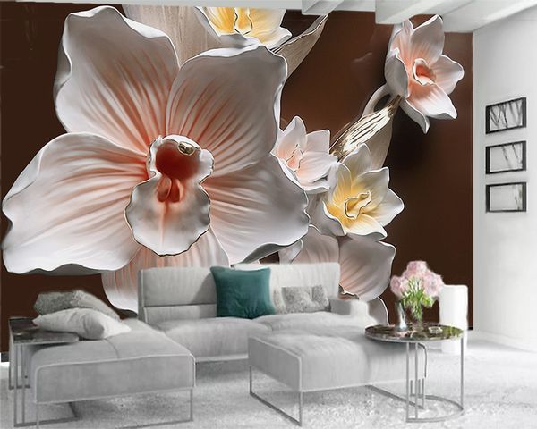3D floral wallpaper with embossed gold flowers and romantic silk texture