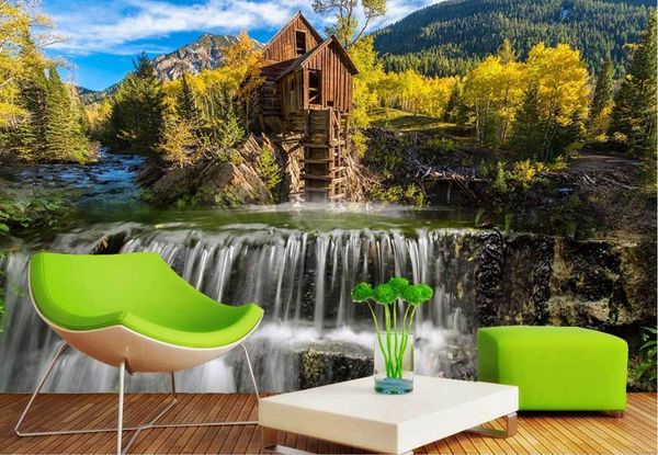 3D forest and waterfall wallpaper with blue sky for living room TV backdrop