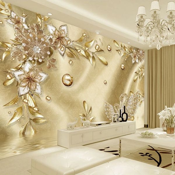 3D Golden Floral European Luxury Wallpaper for Living Room TV Backdrop