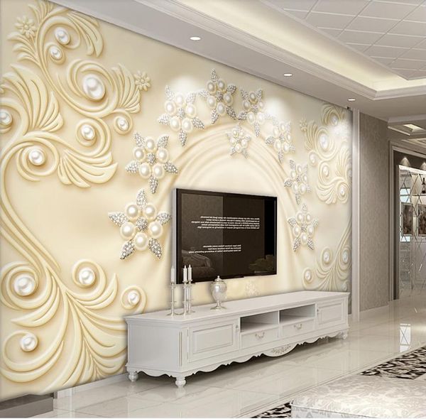 3D golden floral jewelry-themed TV wall murals for living rooms and bedrooms