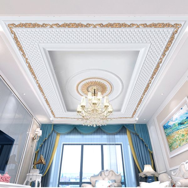 3D golden plaster carving ceiling wallpaper for living room and bedroom decor