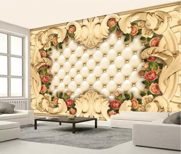 3D high-end custom wallpaper for luxurious living rooms and bedrooms, featuring European-style borders, soft rose-patterned sofas, and elegant wall backgrounds