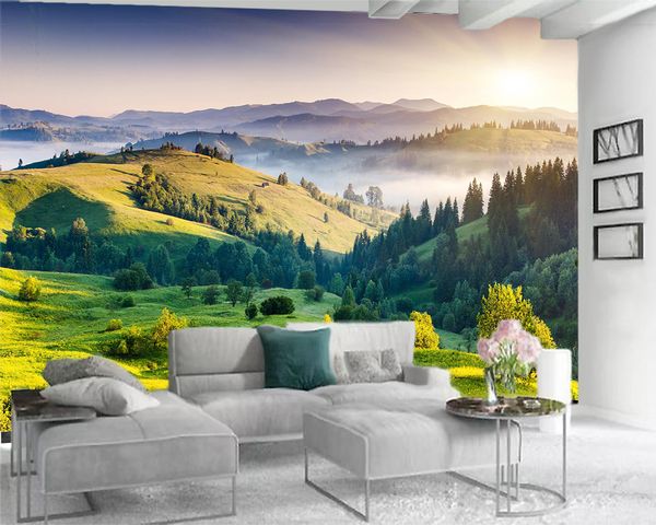 3D home wallpaper featuring modern murals with wonderland and mountain landscapes, romantic scenes, and decorative silk textures