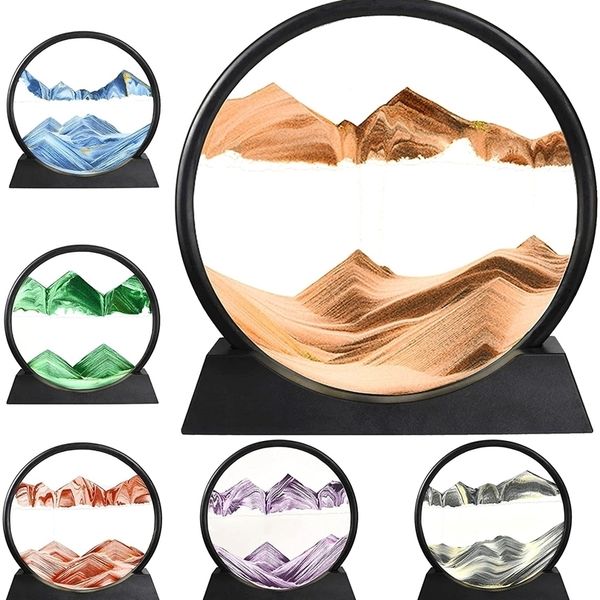 3D hourglass with moving sand art in a round frame, showcasing ocean and deep sea scenes for decoration
