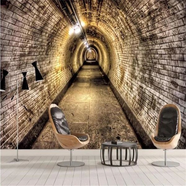 3D industrial-style wind cave brick wall tunnel wallpaper for home decor, waterproof mural background