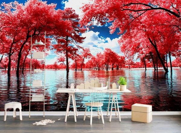 3D lake view wall murals for living room and bedroom decor, featuring scenic backgrounds and 5D children's room designs