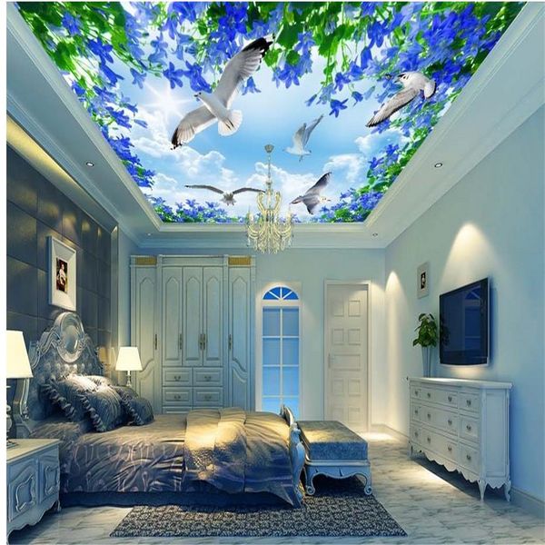 3D landscape wallpaper featuring beautiful sky, sea, blue flowers and ceiling decor painting