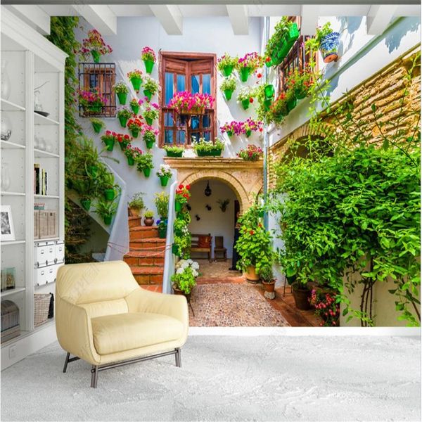 3D landscape wallpaper featuring customized building courtyard walls as background